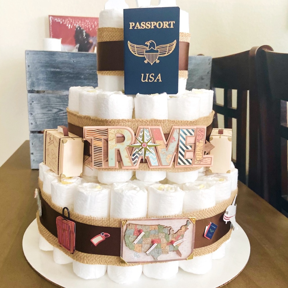 3 TIER DIAPER CAKE - TRAVEL THEME / BABY SHOWER